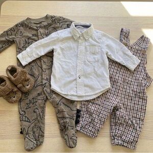Baby Boy Bundle 6-12M Little Planet Overalls Carter’s Dino Fleece & Bear Booties